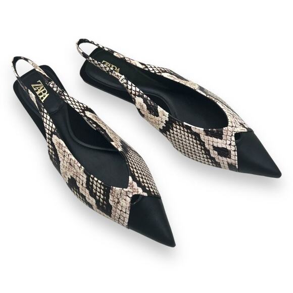Zara Womens 6.5 Balletcore Snake Print Vegan Leather Pointed Toe Slingback Flats - Picture 1 of 10